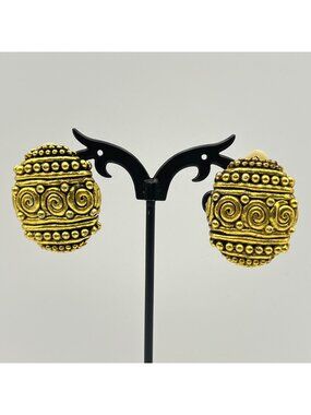 Vintage Gold Tone Clip On Earrings Etruscan Revival Ornate Oval Statement